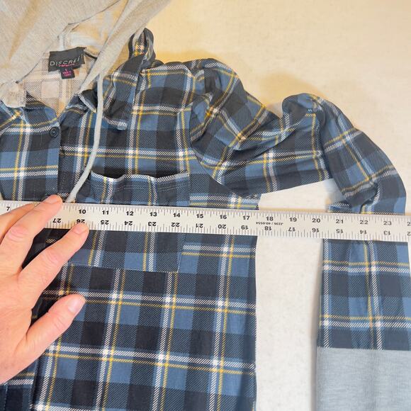 Discreet Button Flannel Shirt Hoodie Woman S Blue Plaid Drawstring Cozy Cuddle - Picture 7 of 10